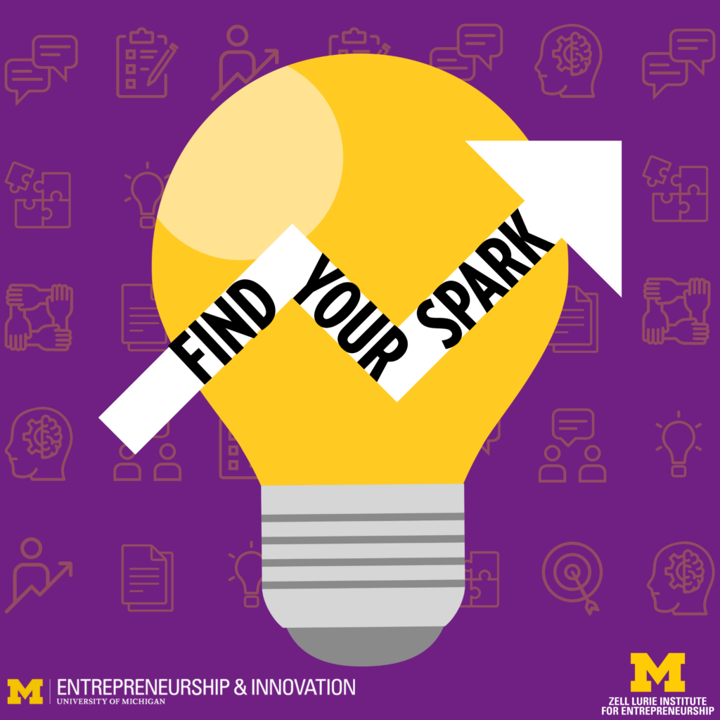 Light bulb with an arrow pointing upward with the words "find your spark"; the background has images of puzzles, light bulbs, paper, etc. all symbols representing collaboration.