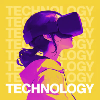 Person using a virtual reality headset with the word "technology" repeatedly stacked from top to bottom.